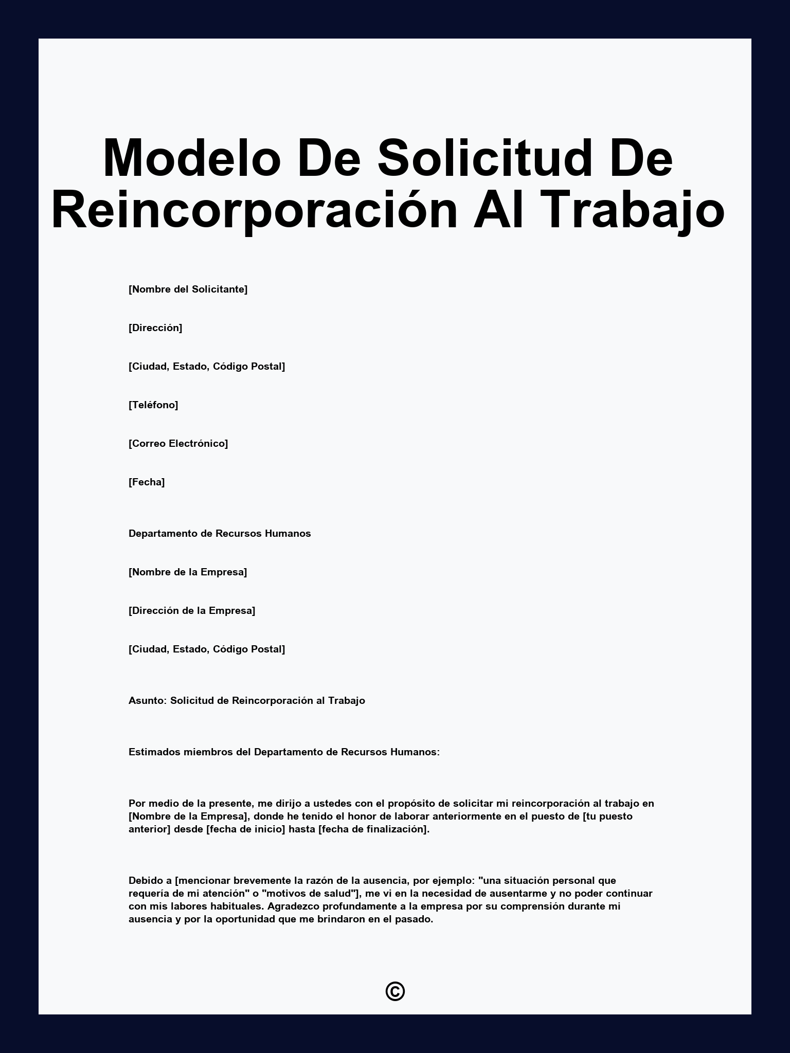 Modelo De Solicitud De Reincorporación Al Trabajo