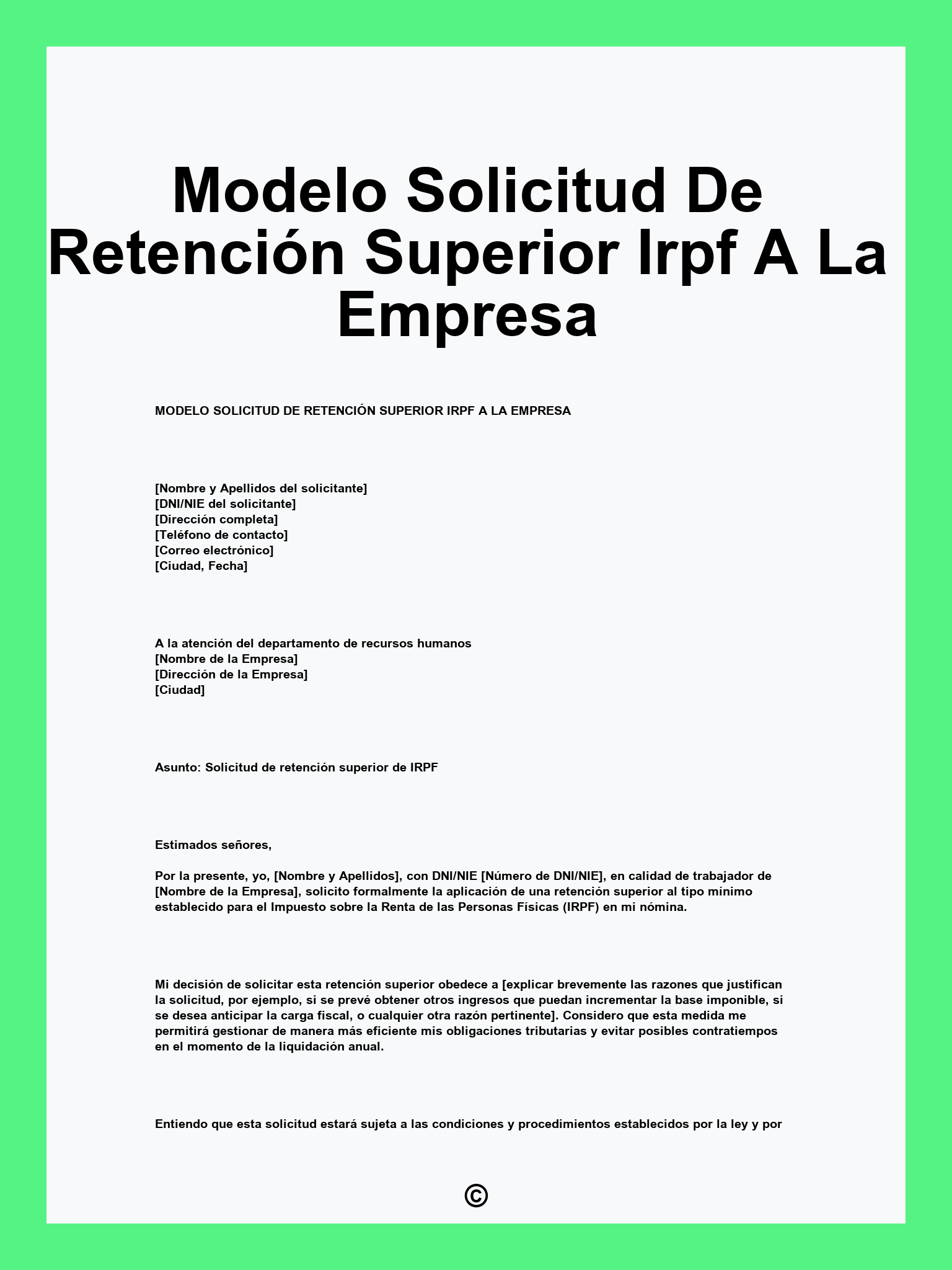 Modelo Solicitud De Retención Superior Irpf A La Empresa